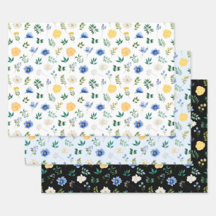 Blaue und gelbe Blumen mit Blattmuster Geschenkpapier Set