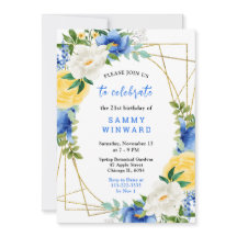 Blaue und gelbe Blumen mit Blattwerk zum Geburtsta