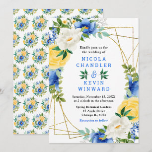 Blaue und gelbe Blumen mit Laub Hochzeit Einladung
