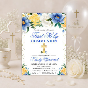 Blaue und gelbe Blumen zur Erstkommunion Einladung