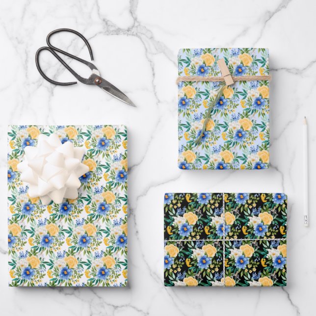 Blaue und gelbe Blumenmuster  Geschenkpapier Set (Vorderseite)
