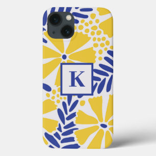 Blaue und gelbe Blumenmuster-Monogramm Case-Mate iPhone Hülle