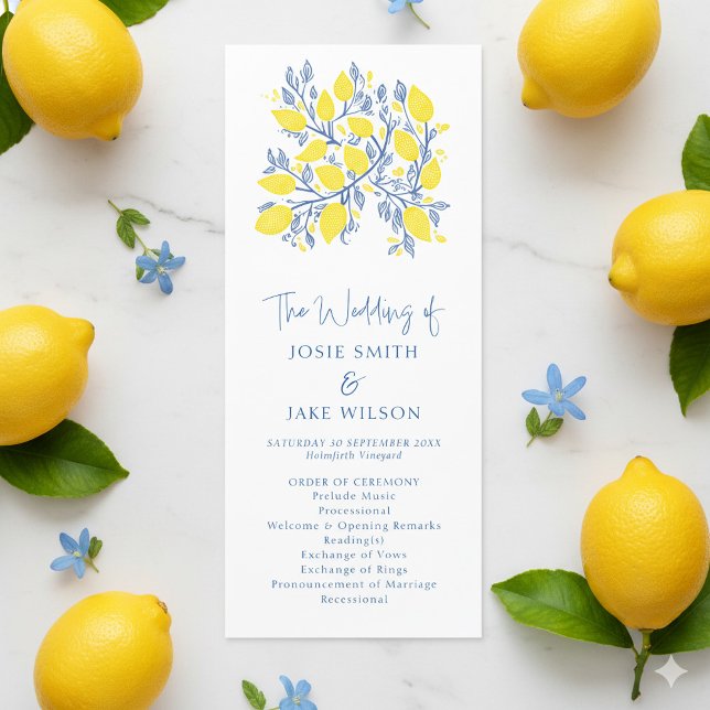 Blaue und gelbe Botanische Hochzeit Programm (Pretty and bright lemons with blue vines wedding program.)