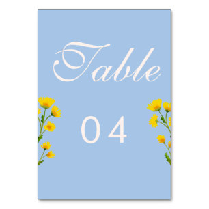 Blaue und gelbe Butterblume Hochzeit Tischnummern