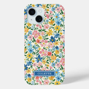 Blaue und gelbe Ditsy-Blumen monogrammiert Case-Mate iPhone Hülle