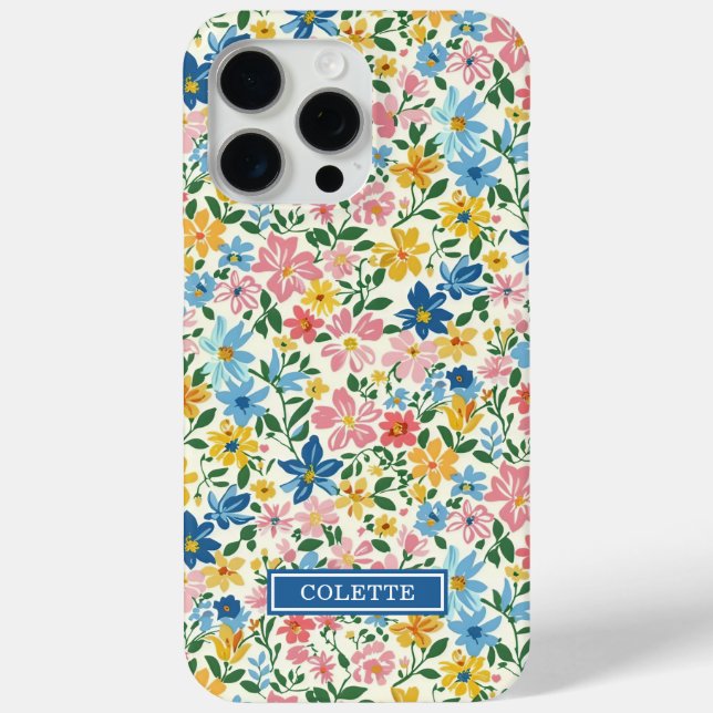 Blaue und gelbe Ditsy-Blumen monogrammiert Case-Mate iPhone Hülle (Rückseite)