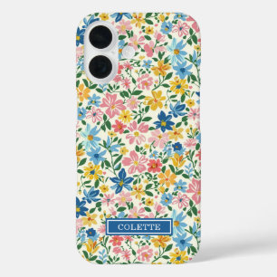 Blaue und gelbe Ditsy-Blumen monogrammiert iPhone 16 Hülle