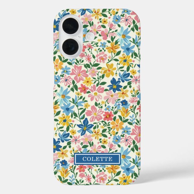 Blaue und gelbe Ditsy-Blumen monogrammiert iPhone 16 Hülle (Rückseite)