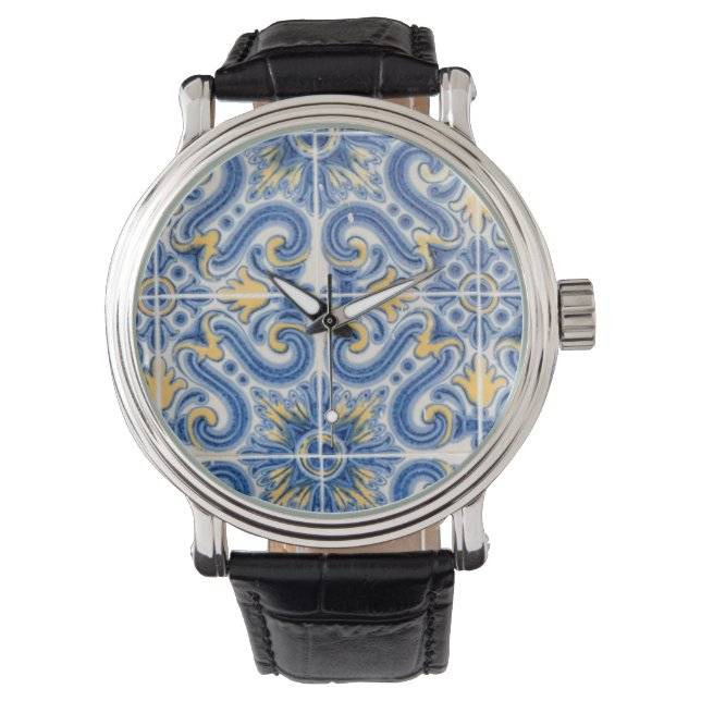 Blaue und gelbe Fliesen, Portugal Armbanduhr (Vorderseite)