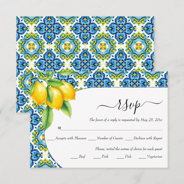 Blaue und gelbe Fliesen, Zitronenhochzeit RSVP Karte (Vorne/Hinten)