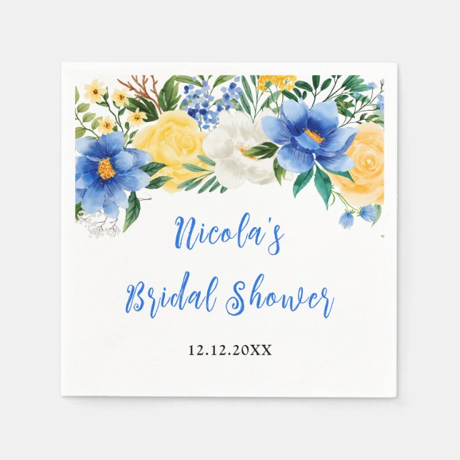 Blaue und gelbe florale Brautparty Serviette (Vorderseite)