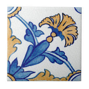 Blaue und gelbe florale mediterrane Wasserfarbe Fliese