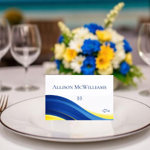 Blaue und gelbe Hochzeitsplatzkarten Fischsymbol Tischnummer