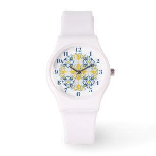 Blaue und gelbe hübsche portugiesische Fliesen Armbanduhr