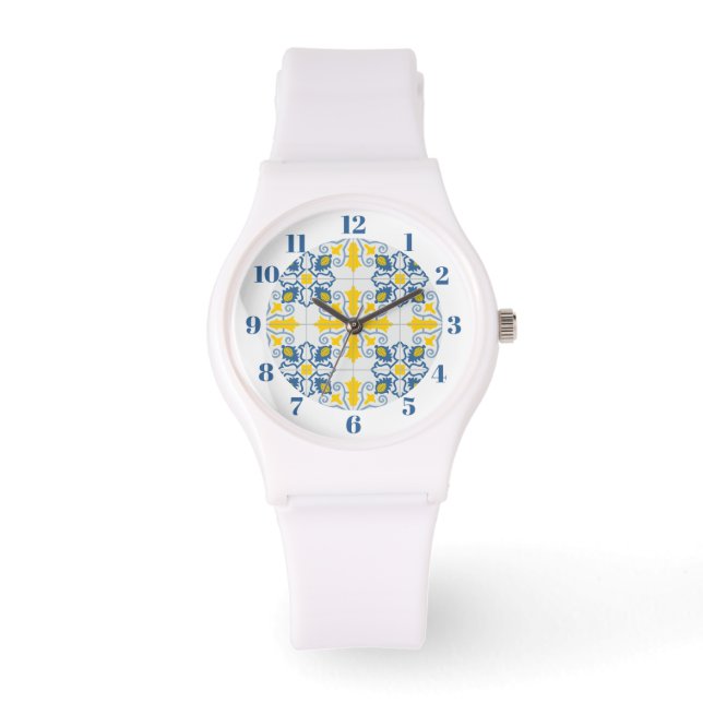 Blaue und gelbe hübsche portugiesische Fliesen Armbanduhr (Vorderseite)
