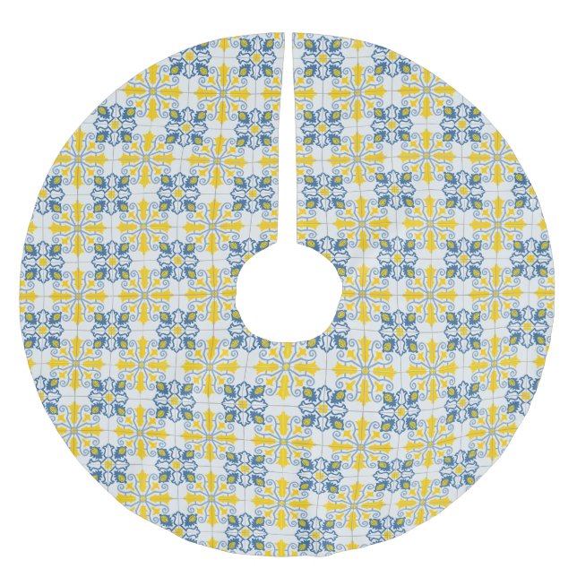 Blaue und gelbe hübsche portugiesische Fliesen Polyester Weihnachtsbaumdecke (Vorderseite)