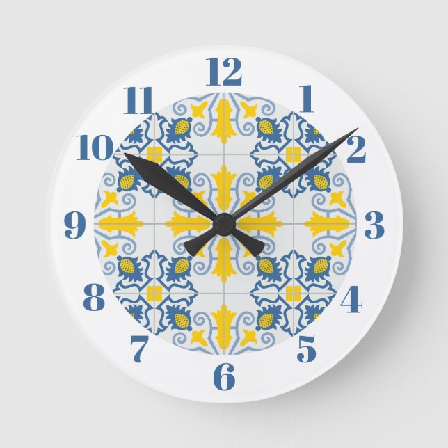 Blaue und gelbe hübsche portugiesische Fliesen Runde Wanduhr (Vorderseite)
