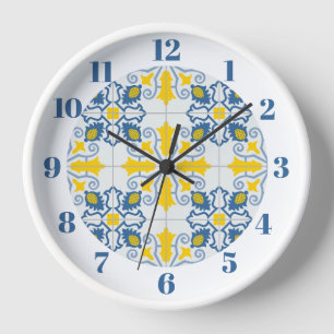 Blaue und gelbe hübsche portugiesische Fliesen Uhr