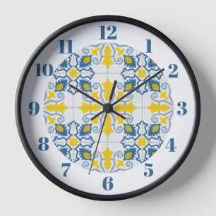 Blaue und gelbe hübsche portugiesische Fliesen Uhr