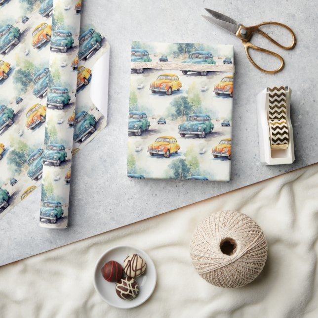 Blaue und gelbe Jahrgangsautos - Geschenkpapier (Kunsthandwerk)