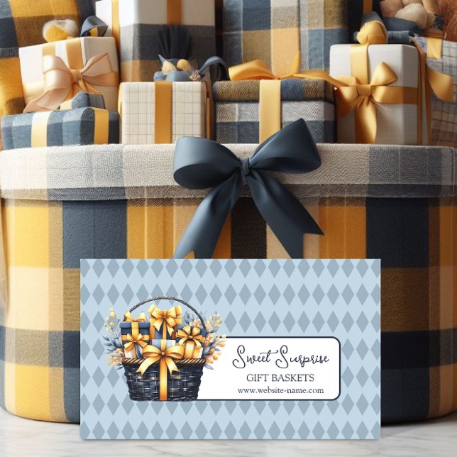 Blaue und gelbe Körbe Visitenkarte (Promote your gift basket business with this elegant blue and yellow business card.)