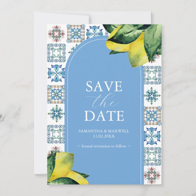 Blaue und gelbe Lemon Amalfi Hochzeitsankündigunge Save The Date (Vorderseite)