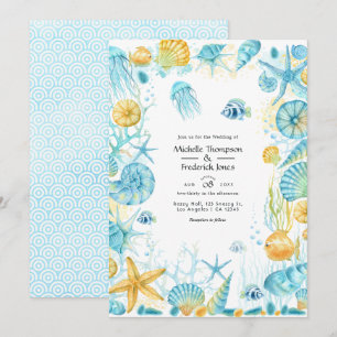 Blaue und gelbe Meeresleben-Hochzeit Einladung