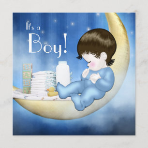 Blaue und gelbe Mond-Baby-Party für Jungen Einladung