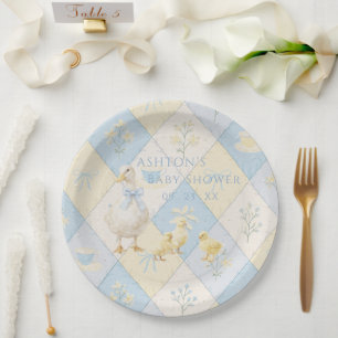 Blaue und gelbe Patchwork-Entenküken Baby Shower Pappteller