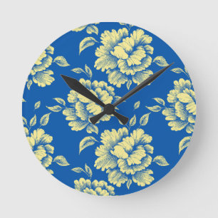 Blaue und gelbe Pfingstrosen-Toile - Französische Runde Wanduhr