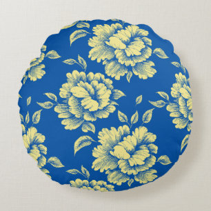 Blaue und gelbe Pfingstrosen-Toile - Französische Rundes Kissen