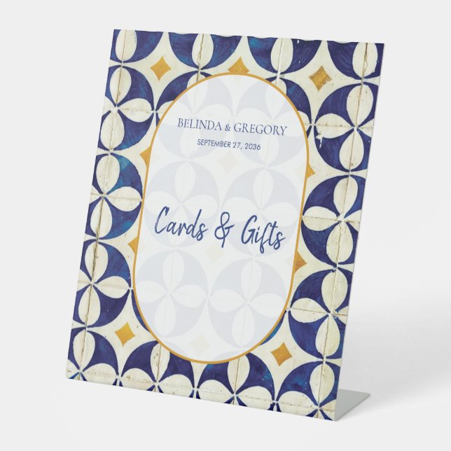 Blaue und gelbe portugiesische Hochzeitskarten und Sockelschild (Vorderseite)