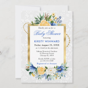 Blaue und gelbe Sommerblumen Gold Baby Shower Einladung
