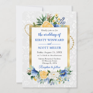 Blaue und gelbe Sommerblumen Goldfolie Hochzeit Einladung