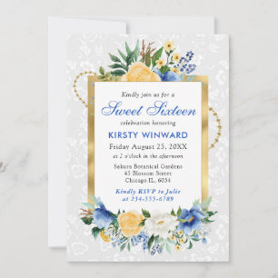 Blaue und gelbe Sommerblumen Goldfolie Sweet 16 Einladung