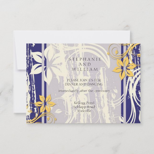 Blaue und gelbe Swirbelkarte für die Hochzeitsempf Einladung (Vorderseite)