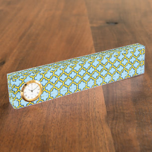 Blaue und gelbe Trellis, Gitter, Quatrefolie Namensplakette
