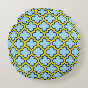 Blaue und gelbe Trellis, Gitter, Quatrefolie Rundes Kissen