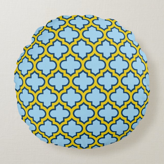Blaue und gelbe Trellis, Gitter, Quatrefolie Rundes Kissen (Vorderseite)