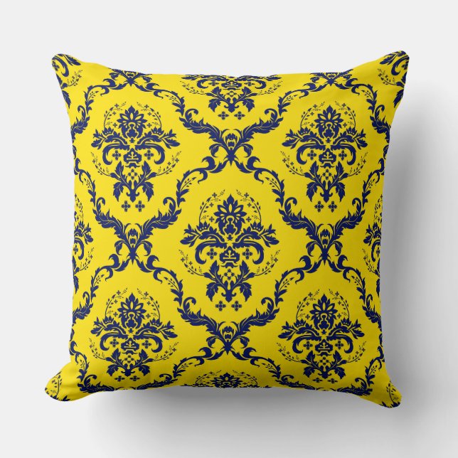 Blaue und gelbe Vintage Blumenfässer Kissen (Vorderseite)