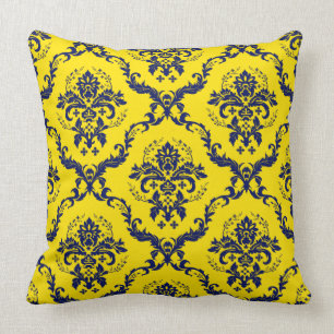 Blaue und gelbe Vintage Blumenfässer Kissen