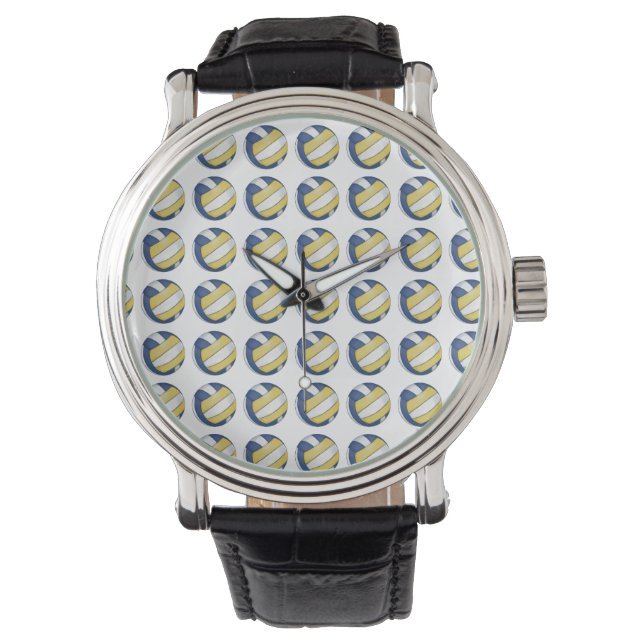Blaue und gelbe Volleyballmuster Armbanduhr (Vorderseite)