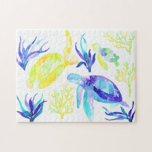Blaue und gelbe Wasserfarben-Schildkröten Korallen