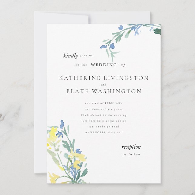 Blaue und gelbe Wildblume - farbenfrohe Hochzeit Einladung (Vorderseite)