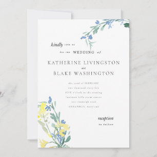 Blaue und gelbe Wildblumen bunte Hochzeit Einladung
