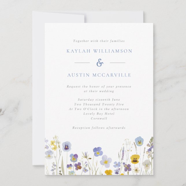 Blaue und gelbe Wildblumen zum Hochzeitsempfang Einladung (Vorderseite)