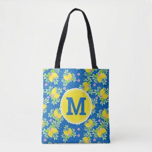 Blaue und gelbe Zitronen Floralmuster Tasche