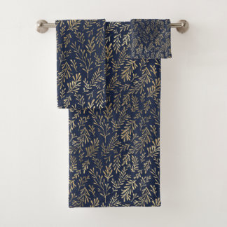 Blaue und goldene abstrakte Art Deco-Blätter Muste Badhandtuch Set
