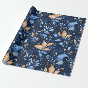 Blaue und goldene abstrakte Paisley-Blätter (3) Geschenkpapier