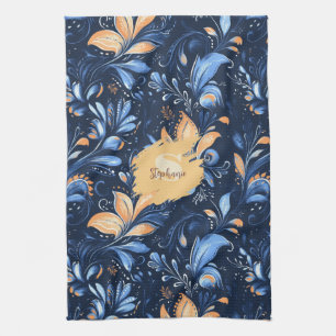 Blaue und goldene abstrakte Paisley-Blätter (3) Geschirrtuch